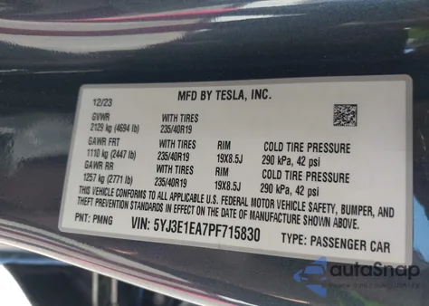 2023 Tesla Model 3 Rear-Wheel Drive from USA, damaged, VIN 5YJ3E1EA7PF715830